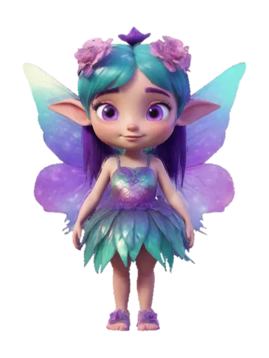 3D model for Queen of the flower fairys. Toon. long hair, round face, wide expressive eyes, iridescent wings. , Stylized, Game Assets, Pixar Style, #fairy#