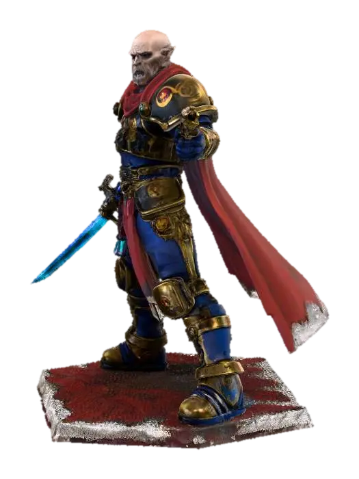 Generate a 3d image of a warhammer 40K rogue trader holding a plasma sword and las… 3D model, vytvořený pomocí AI
