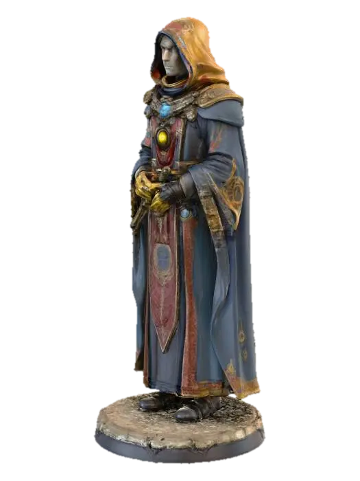 A Warhammer 40K Navigator miniature, cast in fine, unpainted resin, presents an… 3D model, vytvořený pomocí AI