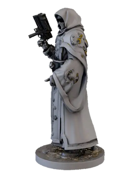 Generate a 3d image of a warhammer 40K astropath pysker holding a sbolter gun… 3D model, vytvořený pomocí AI