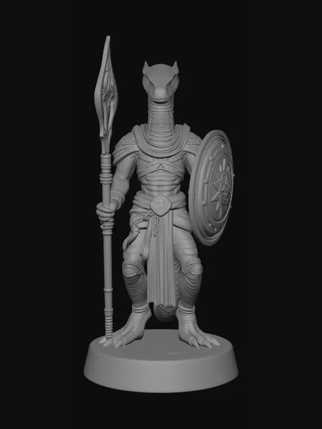 3D model for A formidable Slanti snake-person cleric 3D model, standing upright on a 24mm round base. Its scaly, serpentine body displays intricate, slightly iridescent green and brown scales. It wields a sturdy, detailed mace with a stone head in one hand and a metallic shield emblazoned with a holy symbol in the other, posed for balanced, support-free printing.