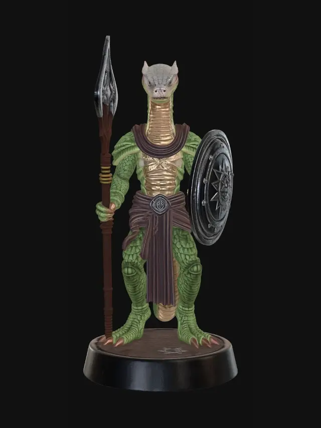 3D model for A formidable Slanti snake-person cleric 3D model, standing upright on a 24mm round base. Its scaly, serpentine body displays intricate, slightly iridescent green and brown scales. It wields a sturdy, detailed mace with a stone head in one hand and a metallic shield emblazoned with a holy symbol in the other, posed for balanced, support-free printing.