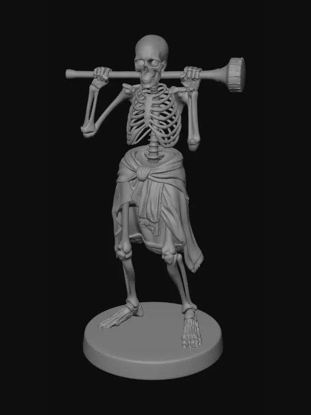 3D model for A detailed human skeleton 3D model based on DND5E miniatures. Designed for easy printing with minimal supports. Standing confidently on a 24mm round base wearing rags and wielding a large club.  Optimized for tabletop gaming and high-quality 3D printing."