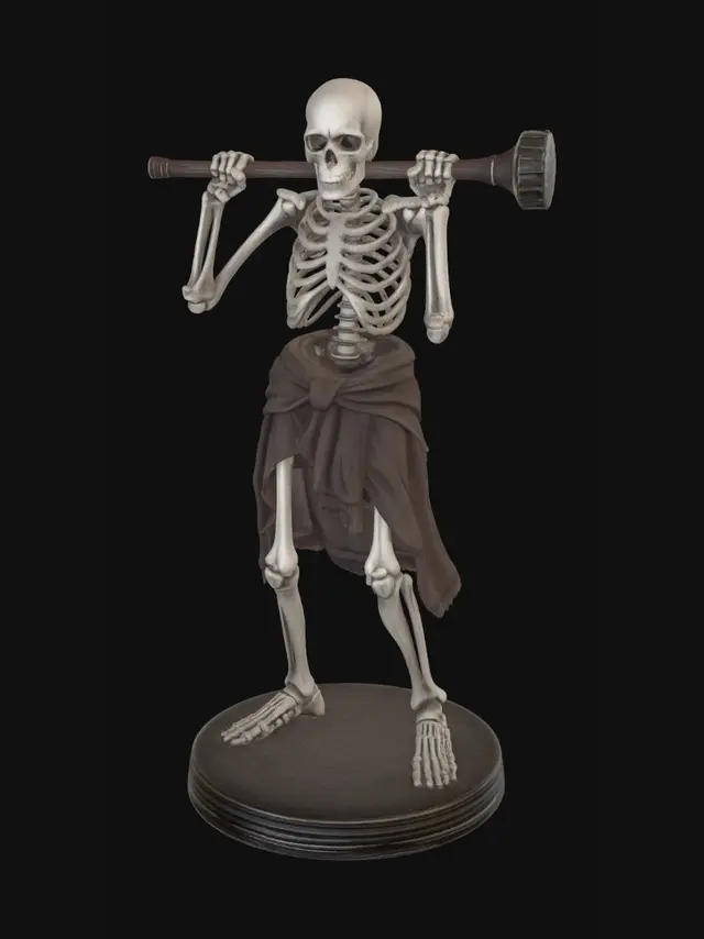 3D model for A detailed human skeleton 3D model based on DND5E miniatures. Designed for easy printing with minimal supports. Standing confidently on a 24mm round base wearing rags and wielding a large club.  Optimized for tabletop gaming and high-quality 3D printing."