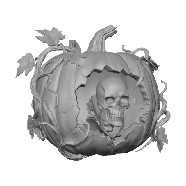 3D model for pumpkin with a big hole in the side and a big skull looking out. 
gothic vampire style