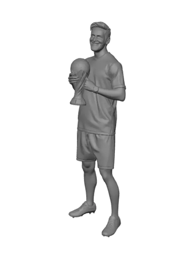 3D model for Ultra-realistic full-body portrait of Lionel Messi standing on the World Cup final pitch, holding the FIFA World Cup Trophy close to his chest with a proud smile. Wearing the official Argentina 2026 home jersey with three gold stars, captain's armband, authentic fabric texture, realistic folds, matching shorts, socks, and Adidas boots. Stadium packed with fans waving Argentina flags, blue-and-white confetti, fireworks, golden light rays, victory smoke, cinematic atmosphere, unity and celebration, teammates blurred in the background, emotional championship moment, photorealistic, ultra-detailed face, 8K, HDR, shallow depth of field, award-winning sports photography, masterpiec