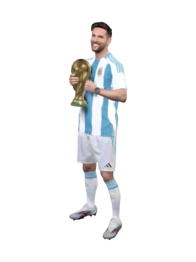 3D model for Ultra-realistic full-body portrait of Lionel Messi standing on the World Cup final pitch, holding the FIFA World Cup Trophy close to his chest with a proud smile. Wearing the official Argentina 2026 home jersey with three gold stars, captain's armband, authentic fabric texture, realistic folds, matching shorts, socks, and Adidas boots. Stadium packed with fans waving Argentina flags, blue-and-white confetti, fireworks, golden light rays, victory smoke, cinematic atmosphere, unity and celebration, teammates blurred in the background, emotional championship moment, photorealistic, ultra-detailed face, 8K, HDR, shallow depth of field, award-winning sports photography, masterpiec