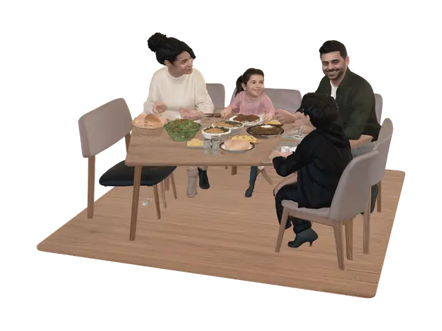 akşam yemeği yiyen aile - Family 3D model, vytvořený pomocí AI