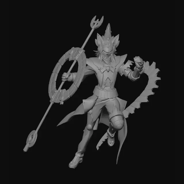 3D model for Remove the background entirely and isolate the character on a transparent layer (do not change camera angle/FOV or framing). Remove the purple/gold cape completely and plausibly redraw the exposed back/side so the coat/tunic and armor read continuously, matching original lighting and folds. Convert all purple fabric elements (pointed hat, robe/tunic, inner skirt panels, sleeve fabric) to matte black with preserved fabric texture and specular highlights; keep all metallic silver, blue gems and gold trims unchanged. Add a symmetrical pair of wolf ears with realistic fur texture (charcoal-black outer fur, muted gray inner fur, proportional to the head ~4–6 cm height) that emerge from the top sides of the hat via small snug openings so the face, hair, helmet shape, expression, hand/prop placem