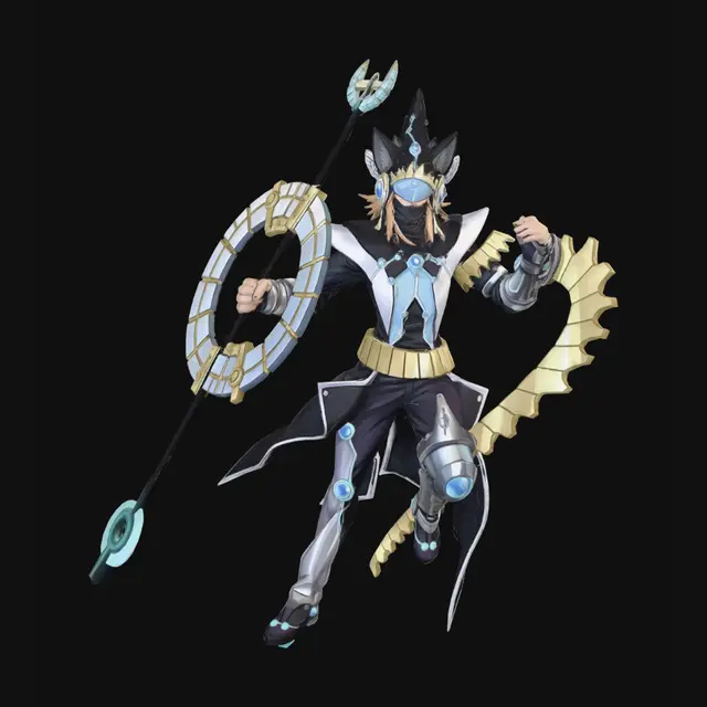 3D model for Remove the background entirely and isolate the character on a transparent layer (do not change camera angle/FOV or framing). Remove the purple/gold cape completely and plausibly redraw the exposed back/side so the coat/tunic and armor read continuously, matching original lighting and folds. Convert all purple fabric elements (pointed hat, robe/tunic, inner skirt panels, sleeve fabric) to matte black with preserved fabric texture and specular highlights; keep all metallic silver, blue gems and gold trims unchanged. Add a symmetrical pair of wolf ears with realistic fur texture (charcoal-black outer fur, muted gray inner fur, proportional to the head ~4–6 cm height) that emerge from the top sides of the hat via small snug openings so the face, hair, helmet shape, expression, hand/prop placem