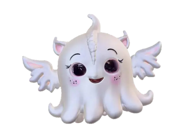 cute ghostly Ghibli anime art style mask with hollow knight style mixed in. 3D model, vytvořený pomocí AI