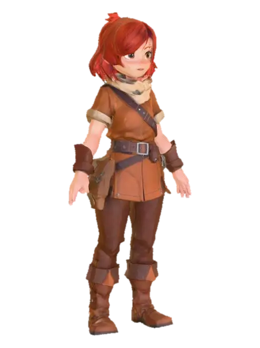 Super cute female adventure character with a brown leather tunic and brown leather… - Ghibli 3D model, vytvořený pomocí AI