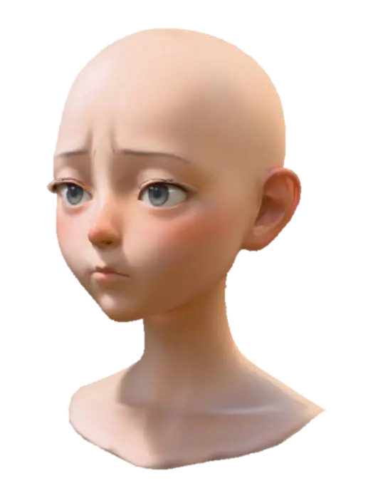 Simple Ghibli anime art style female head. should be bald 3D model, vytvořený pomocí AI