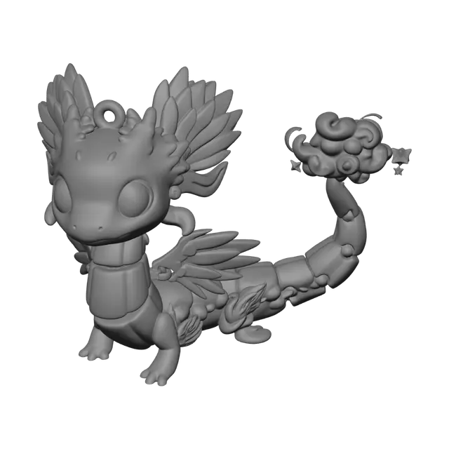 3D model for Create a cute articulated axolotl dragon keychain inspired by the reference image. Chibi style, large eyes, lavender body with turquoise fins and feathered gills, magical cloud tail with stars. Design as a print-in-place articulated model with 8-12 segments and strong ball joints (0.25 mm clearance). Include a reinforced keyring loop (5 mm hole). Optimize for FDM printing on a Bambu Lab A1 Mini with a 0.4 mm nozzle. Overall length 100 mm. No supports, no assembly, smooth rounded surfaces, minimum wall thickness 1.2 mm, detail thickness 0.8 mm. Durable, flexible and easy to print in PLA. Generate a watertight manifold mesh ready for STL or 3MF export. High detail collectible style.