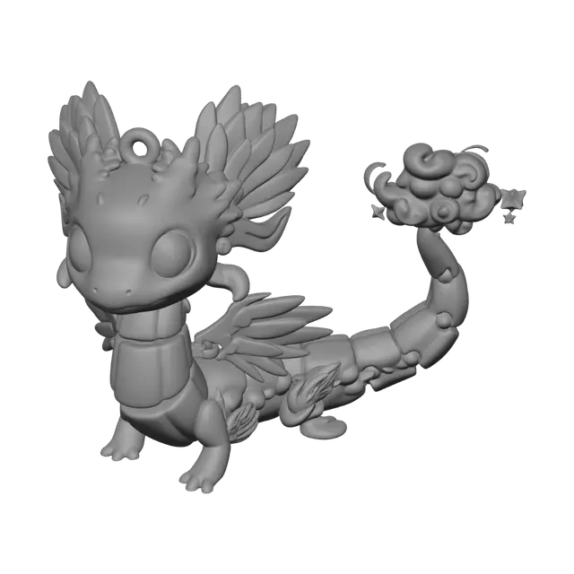 3D model for Create a cute articulated axolotl dragon keychain inspired by the reference image. Chibi style, large eyes, lavender body with turquoise fins and feathered gills, magical cloud tail with stars. Design as a print-in-place articulated model with 8-12 segments and strong ball joints (0.25 mm clearance). Include a reinforced keyring loop (5 mm hole). Optimize for FDM printing on a Bambu Lab A1 Mini with a 0.4 mm nozzle. Overall length 100 mm. No supports, no assembly, smooth rounded surfaces, minimum wall thickness 1.2 mm, detail thickness 0.8 mm. Durable, flexible and easy to print in PLA. Generate a watertight manifold mesh ready for STL or 3MF export. High detail collectible style.