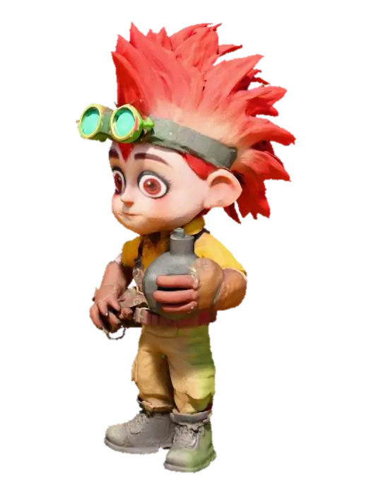 The image shows a cartoon-style, adventurous character with a mischievous look: Hair:… - Con 3D model, vytvořený pomocí AI