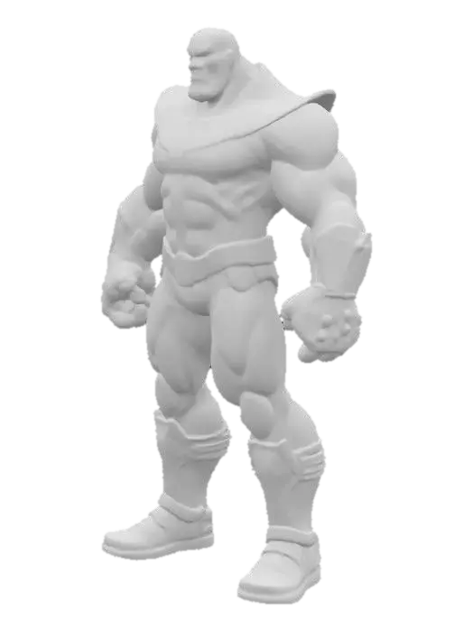 3D model for A 3D model of Thanos in A-pose, based on modern Marvel comics like Infinity Gauntlet and War. Bulky, muscular, alien physique with detailed purple skin, a menacing expression, and glowing eyes. He wears sleek dark blue armor with metallic gold details, sharp lines, and high-tech textures. The Infinity Gauntlet is detailed and imposing, with all six glowing Infinity Stones. Stylized comic textures, clean lines, vivid but deeper tones, front view, clean topology, rig-ready. Heroic comic proportions with a modern sci-fi twist.