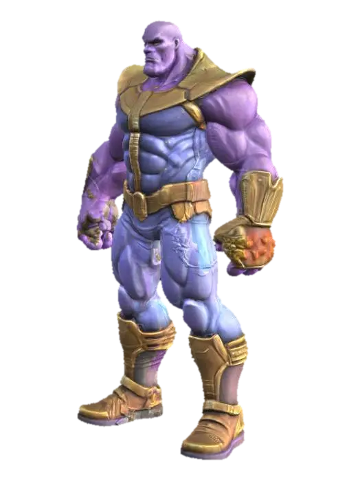 3D model for A 3D model of Thanos in A-pose, based on modern Marvel comics like Infinity Gauntlet and War. Bulky, muscular, alien physique with detailed purple skin, a menacing expression, and glowing eyes. He wears sleek dark blue armor with metallic gold details, sharp lines, and high-tech textures. The Infinity Gauntlet is detailed and imposing, with all six glowing Infinity Stones. Stylized comic textures, clean lines, vivid but deeper tones, front view, clean topology, rig-ready. Heroic comic proportions with a modern sci-fi twist.