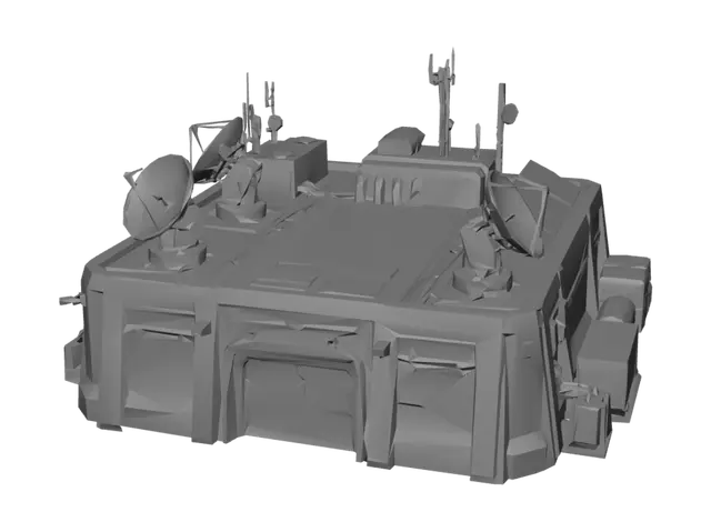 3D model for Standalone modular military Communications Center for a top-down shooter. AAA realistic, near-future military, Battlefield 2042 inspired, clean geometric silhouette with a recognizable roof shape for easy identification from above.

Size: 24m × 18m × 8m. Reinforced concrete building with armored steel panels, flat roof, large rooftop satellite dishes, radio antennas, HVAC units, solar panels, cable trays, and bold color markings. Front features an armored sliding entrance with security lights and cameras. Rear includes a generator, transformer, fuel tank, and storage crates.

Materials: reinforced concrete, armored steel, ballistic glass. Colors: desert tan, military green, dark gray with high-contrast roof accents. Light weathering with dust, scratches, chipped paint, and sand buildup.

D