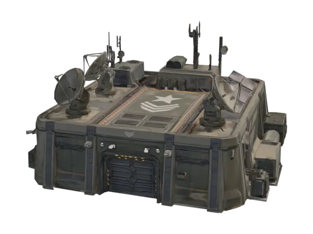 3D model for Standalone modular military Communications Center for a top-down shooter. AAA realistic, near-future military, Battlefield 2042 inspired, clean geometric silhouette with a recognizable roof shape for easy identification from above.

Size: 24m × 18m × 8m. Reinforced concrete building with armored steel panels, flat roof, large rooftop satellite dishes, radio antennas, HVAC units, solar panels, cable trays, and bold color markings. Front features an armored sliding entrance with security lights and cameras. Rear includes a generator, transformer, fuel tank, and storage crates.

Materials: reinforced concrete, armored steel, ballistic glass. Colors: desert tan, military green, dark gray with high-contrast roof accents. Light weathering with dust, scratches, chipped paint, and sand buildup.

D