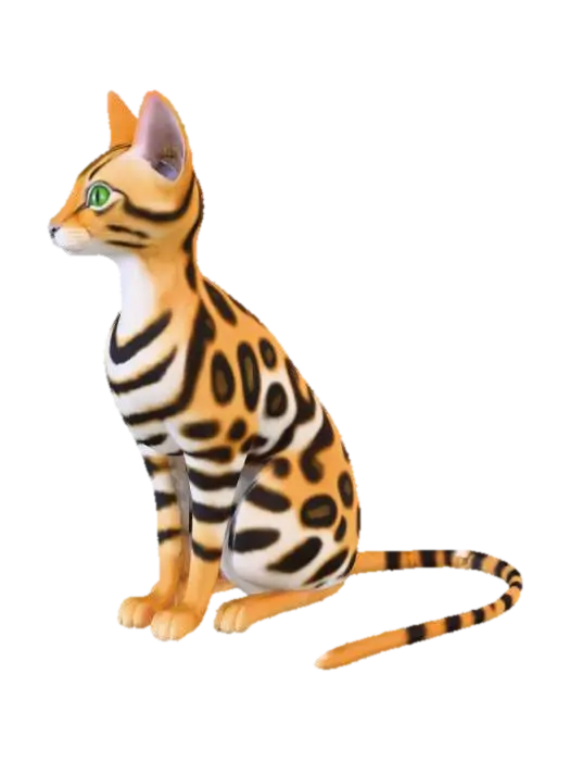3D model for 3D model of a realistic Bengal cat sitting in a relaxed, symmetrical pose. One pair of legs forward, tail curved neatly around body. Clear symmetry. Single pair of medium-sized ears. Correct anatomy. Head forward-facing, single pair of normal-sized eyes, clean proportions, no extra limbs, no extra features. Smooth, accurate Bengal cat body shape. No distortion, no holes, fully enclosed clean geometry. Ready for painting. Neutral face, no open mouth. Ears, eyes, nose in correct places. Avoid duplication or mirrored errors. Balanced, proportionate build.
