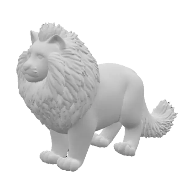 3D model for A hyper-realistic, colossal Maine Coon cat with an immense, shaggy coat of dense, multi-tonal fur, exhibiting individual strands and realistic subsurface scattering. Its broad, powerful head features prominent ear tufts and a majestic ruff around its neck. Large, intelligent eyes gleam with subtle depth, and its nose leather has a soft, moist texture. Its massive, bushy tail and oversized, tufted paws are incredibly detailed, showcasing the immense, fluffy volume of its fur.