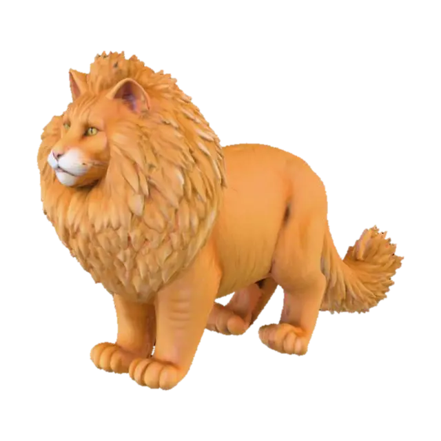3D model for A hyper-realistic, colossal Maine Coon cat with an immense, shaggy coat of dense, multi-tonal fur, exhibiting individual strands and realistic subsurface scattering. Its broad, powerful head features prominent ear tufts and a majestic ruff around its neck. Large, intelligent eyes gleam with subtle depth, and its nose leather has a soft, moist texture. Its massive, bushy tail and oversized, tufted paws are incredibly detailed, showcasing the immense, fluffy volume of its fur.