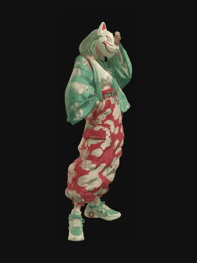 3D model for Kitsune Mask in Cloud-Patterned Attire