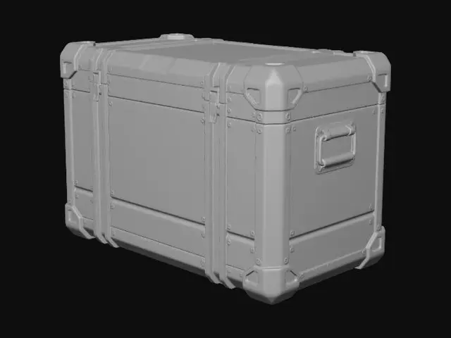 3D model for Un contenedor de metal entre aluminio y partes metalicas pintadas de negro, con decals de "caution" en japones , realista, prop sci-fi