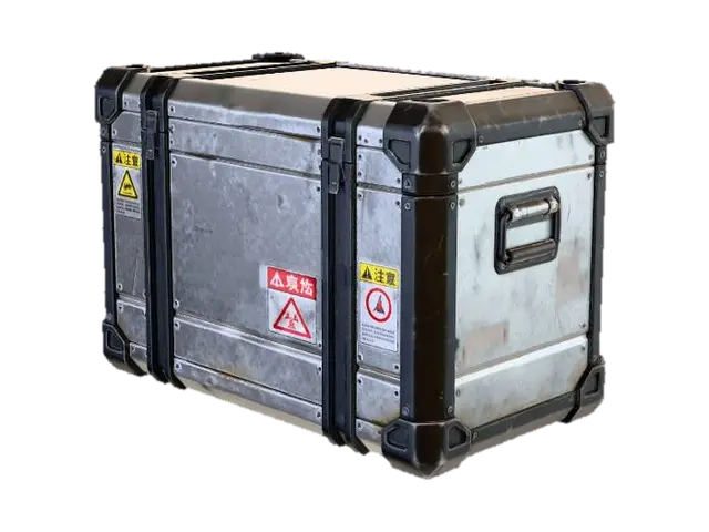 3D model for Un contenedor de metal entre aluminio  y partes metalicas pintadas de negro, con decals de "caution" en japones , realista, prop sci-fi