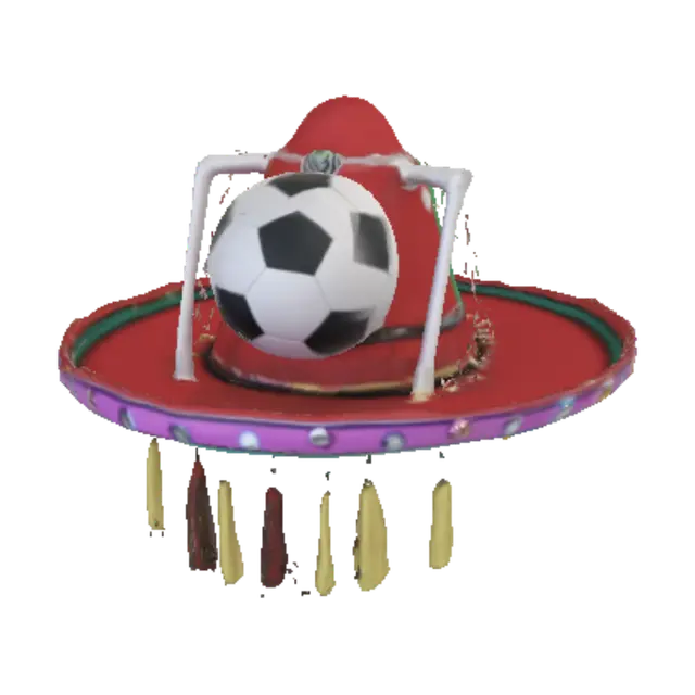 3D model for A creative and festive 3D wearable hat that merges a traditional Mexican sombrero with a cowboy hat silhouette, designed for a Soccer World Cup celebration. The top crown of the hat is replaced by a miniature, illuminated 3D soccer goal net structure made of white metal posts and black mesh. Inside this net, a classic black-and-white paneled soccer ball is suspended and appears to be floating, with a dynamic rotation effect. The wide brim of the hat features three distinct segmented color panels representing the host nations: green-white-red, red-white-blue , and red-white , decorated with golden studs and small hanging tassels along the edge. The brim has an embedded glowing LED strip that pulses in neon blue and red. The base of the crown is wrapped in a colorful serape-style fabric patt
