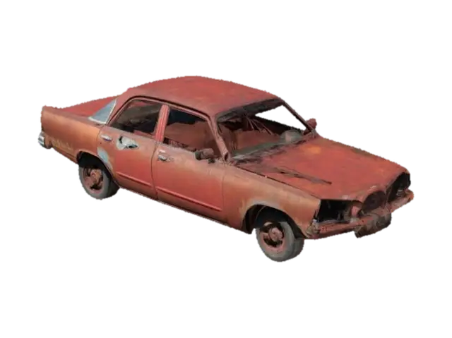 A rusty and partially broken red sedan, apocalyptic setting - 1970s 3D model, vytvořený pomocí AI