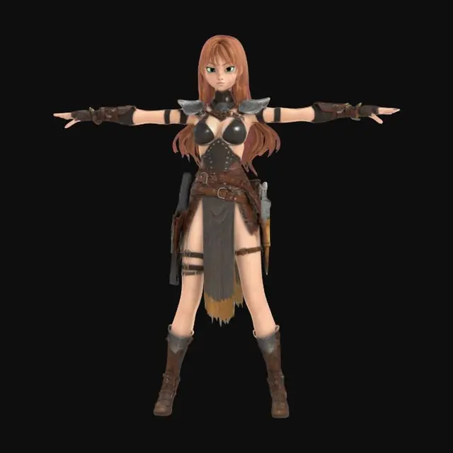 3D model for Es wahr einmal eine Junge Frau im Mittelalter.  Sie wuchs in den Strassen der Stadt auf und trug daher nur enge Lederfetzten als Kleidung. sie ist 1.73 meter gross. Ihre schulterlanges haar war ungepflegt doch konnte man die rote Färbung noch erkennen. Ihre Augen Sind das grün wie Smaragd Als erwachsene ist sie trotzdem Attraktiv. Sie steht mit gespreizten beinen da und in T-Pose. die Welt in der sie Lebt ist Anime stilisiert.