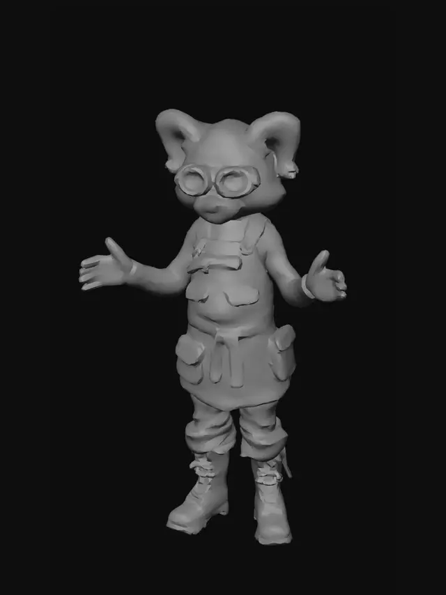 3D model for realistic red panda artificer character with fantasy goggles and a playful closed mouth expression, fantasy character, 3D Art, video game model, ready for rigging.