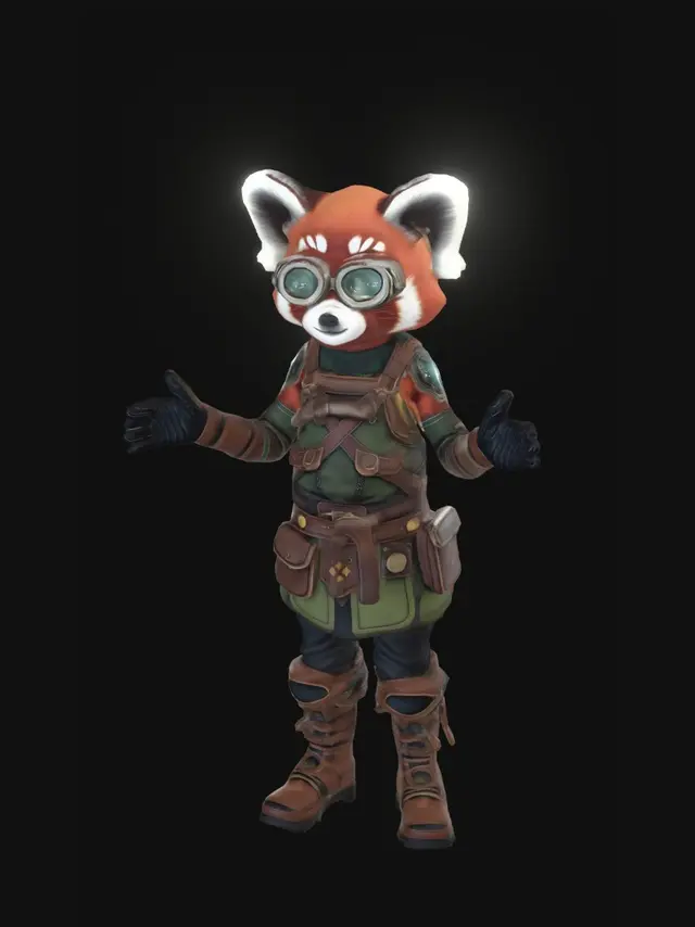 3D model for realistic red panda artificer character with fantasy goggles and a playful closed mouth expression, fantasy character, 3D Art, video game model, ready for rigging.