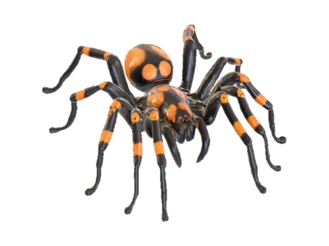 3D model for spider for halloween, with orange stripes and tooth that are very scary., #PBR#