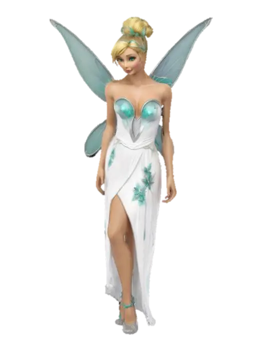 sexy Tinkerbell, wearing a white dress with silver and teal accents, fairy wings,… - Updo 3D model, vytvořený pomocí AI