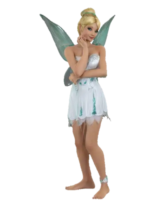sexy Tinkerbell, wearing a white dress with silver and teal accents, fairy wings,… - Updo 3D model, vytvořený pomocí AI