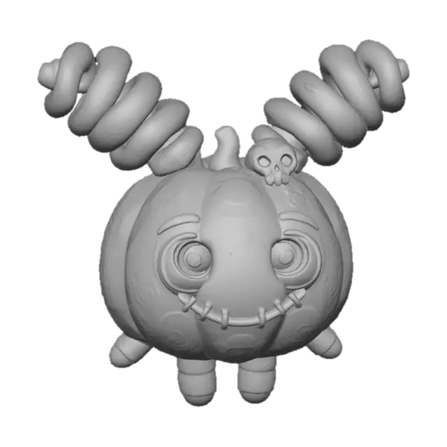 3D model for The object is a whimsical, pumpkin-shaped doll with a smooth, cartoonish texture, characterized by an orange and purple color scheme, oversized eyes, and playful, sculpted details like a skull ornament and spiral pigtails., #Halloween2025#