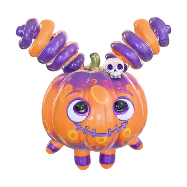 3D model for The object is a whimsical, pumpkin-shaped doll with a smooth, cartoonish texture, characterized by an orange and purple color scheme, oversized eyes, and playful, sculpted details like a skull ornament and spiral pigtails., #Halloween2025#