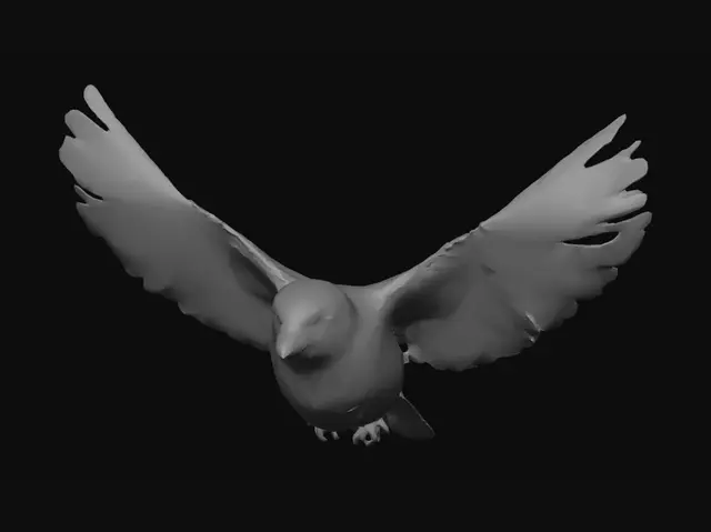 3D model for realistic object, 45° side view, centered composition, pure white background, soft natural light, clear outline, high detail, 8K, sharp focus, no clutter, simple texture, the same bird as reference, fixed size and feather color, flying posture, spread wings, same body proportion, unchanged bird appearance