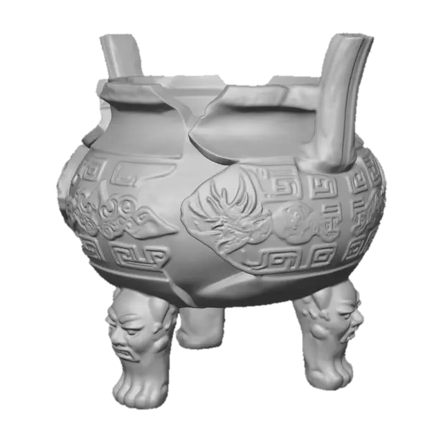 3D model for Same exact incense burner shape, same angle same silhouette, unchanged outline, broken cracked incense burner, fragmented edges, chipped parts, damaged texture, no smoke, cooling state, keep the same overall structure