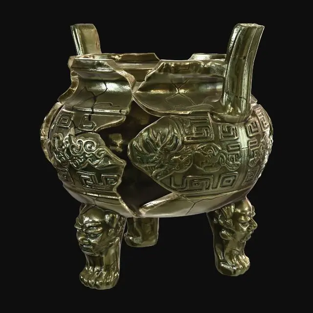 3D model for Same exact incense burner shape, same angle same silhouette, unchanged outline, broken cracked incense burner, fragmented edges, chipped parts, damaged texture, no smoke, cooling state, keep the same overall structure