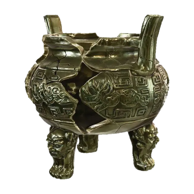 3D model for Same exact incense burner shape, same angle same silhouette, unchanged outline, broken cracked incense burner, fragmented edges, chipped parts, damaged texture, no smoke, cooling state, keep the same overall structure