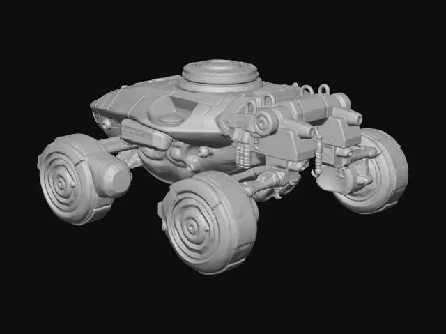 3D model for Sci-fi anti-gravity hover tank, sleek aerodynamic chassis, polished chrome and iridescent blue finish, glowing blue ion thrusters, rotating pulse-laser turret, translucent energy shielding, high-tech aesthetic, volumetric lighting, hyper-detailed.
