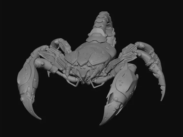 3D model for A high-tech cybernetic arachnid (scorpion). Standing in a symmetrical, neutral pose with six mechanical legs splayed. Dark weathered steel and brass materials. Large mechanical pincers. A complex multi-jointed tail ending in a glowing purple plasma stinger. Small red LED optic sensors. Hard-surface industrial design, intricate mechanical details, clean mesh topology, detailed textures, neutral studio lighting.