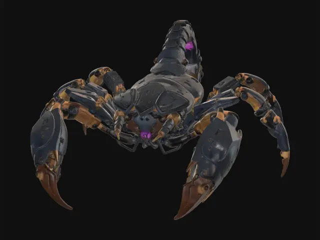 3D model for A high-tech cybernetic arachnid (scorpion). Standing in a symmetrical, neutral pose with six mechanical legs splayed. Dark weathered steel and brass materials. Large mechanical pincers. A complex multi-jointed tail ending in a glowing purple plasma stinger. Small red LED optic sensors. Hard-surface industrial design, intricate mechanical details, clean mesh topology, detailed textures, neutral studio lighting.