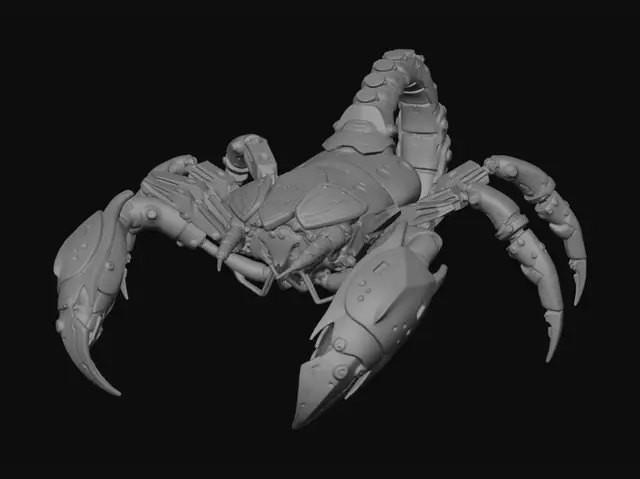3D model for A high-tech cybernetic arachnid (scorpion). Standing in a symmetrical, neutral pose with six mechanical legs splayed. Dark weathered steel and brass materials. Large mechanical pincers. A complex multi-jointed tail ending in a glowing purple plasma stinger. Small red LED optic sensors. Hard-surface industrial design, intricate mechanical details, clean mesh topology, detailed textures, neutral studio lighting.