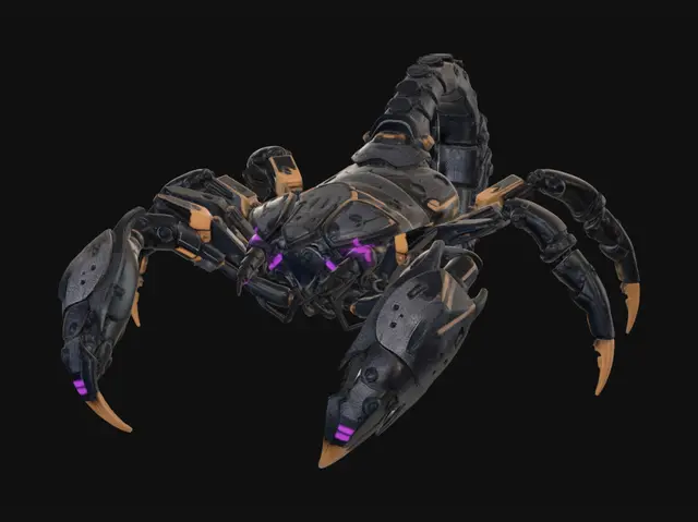 3D model for A high-tech cybernetic arachnid (scorpion). Standing in a symmetrical, neutral pose with six mechanical legs splayed. Dark weathered steel and brass materials. Large mechanical pincers. A complex multi-jointed tail ending in a glowing purple plasma stinger. Small red LED optic sensors. Hard-surface industrial design, intricate mechanical details, clean mesh topology, detailed textures, neutral studio lighting.