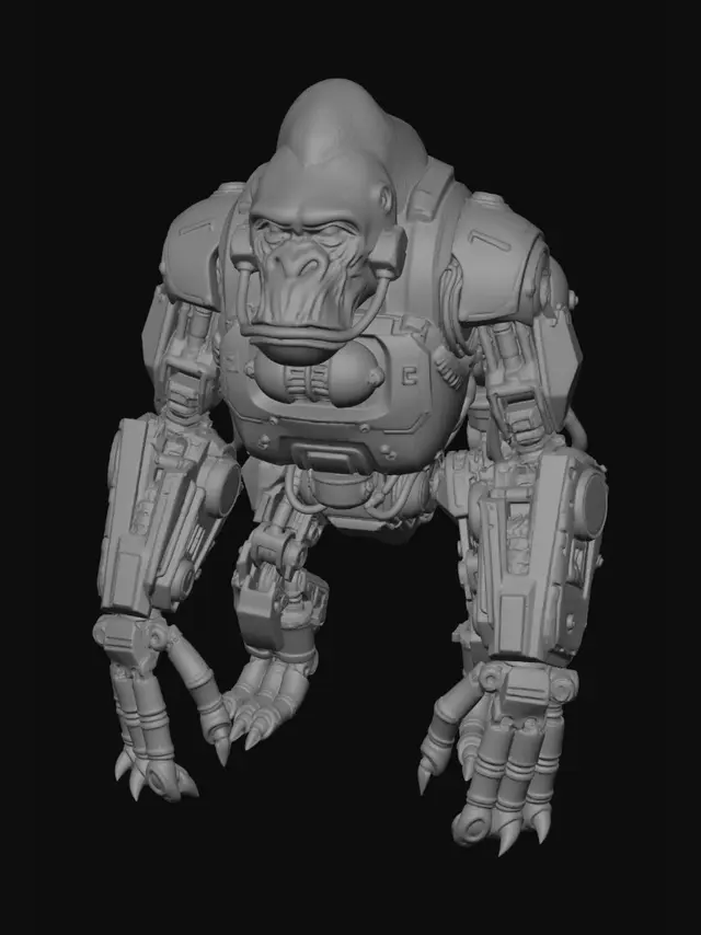 3D model for A massive cyberpunk mechanical silverback gorilla, standing bipedally in a symmetrical two-handed ground-pound stance, coiled to strike. Constructed from heavy matte-black steel plating and exposed chrome pistons on the arms and shoulders. A visible orange-glowing hydraulic fluid reservoir is exposed on its back, powering thick tension cables. Brutalist industrial sci-fi aesthetic, high-poly 3D mesh, realistic metallic PBR materials, neutral studio lighting on an isolated background.